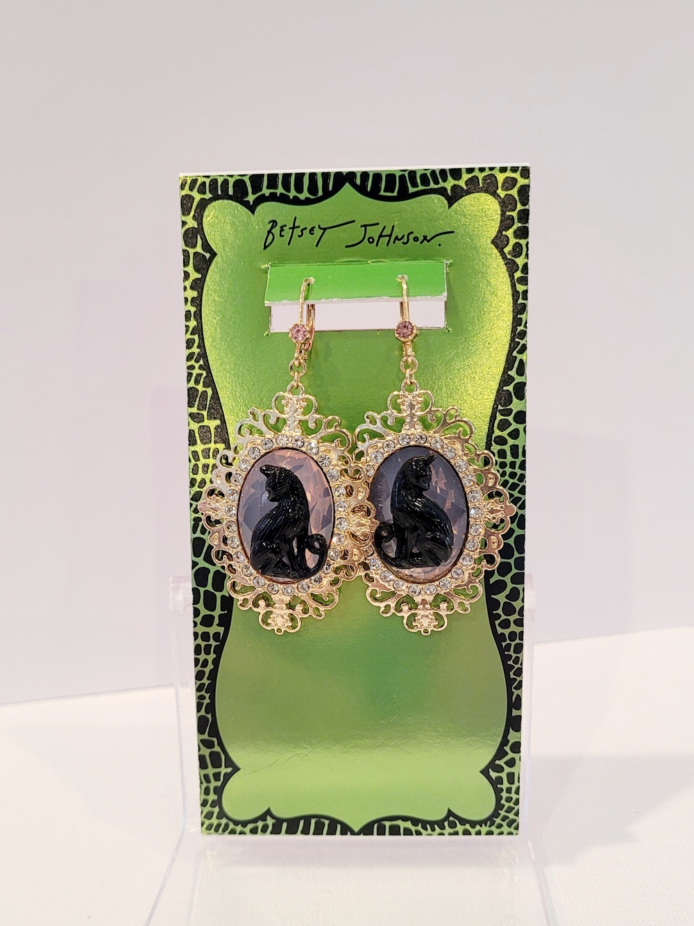 Betsey Johnson Gold Filigree Black Cat Cameo Drop Earrings